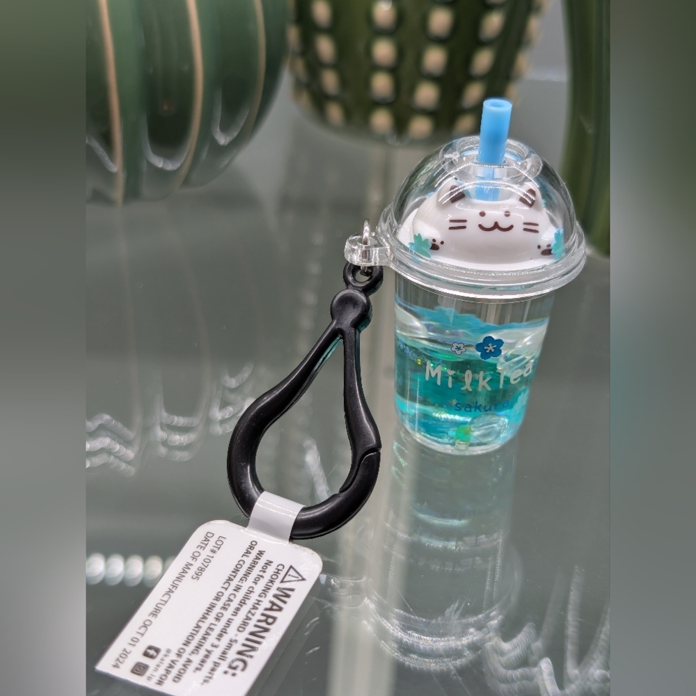 Boba Tea Cat Milk Tea Bagcharm W/Black Clip